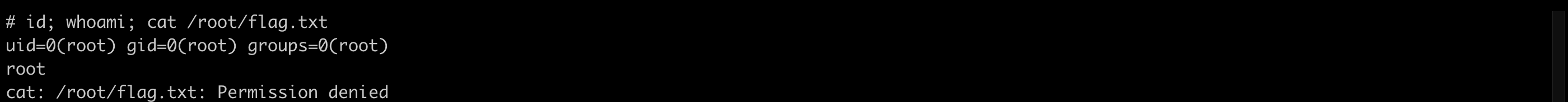 Terminal inside the namespace shell showing uid=0(root) from id and whoami, but cat /root/flag.txt returning Permission denied