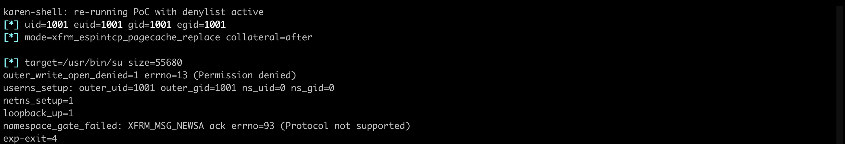 Terminal showing the exploit re-run as karen with the denylist active, failing at namespace_gate_failed XFRM_MSG_NEWSA ack errno 93 Protocol not supported with exit code 4