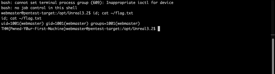 Terminal showing a caught reverse shell as webmaster@pentest-target with the no-job-control banner, then id reporting uid=1001 webmaster and cat of the user flag