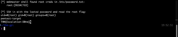 Terminal showing that /etc/password.txt held root credentials with the password redacted, then an SSH session as root reporting uid=0, hostname pentest-target, and the root flag