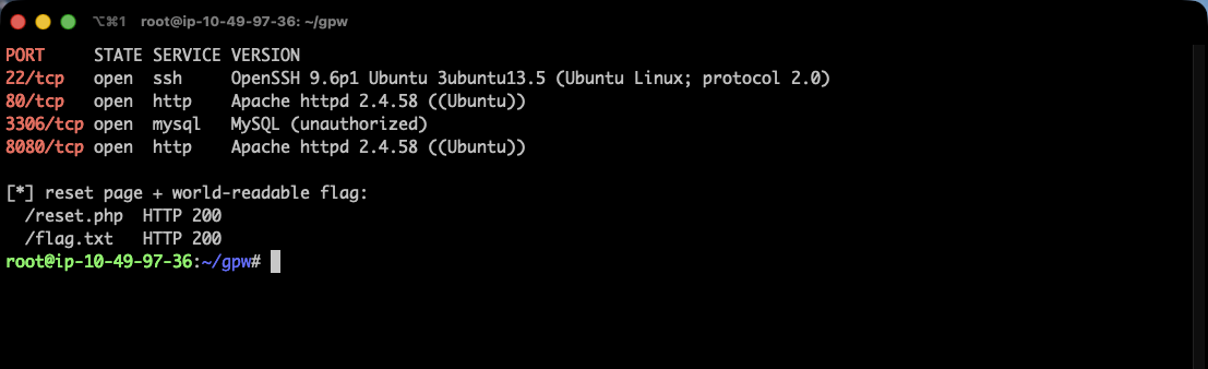 Terminal showing nmap service scan results with OpenSSH 9.6p1, Apache httpd 2.4.58 on ports 80 and 8080, and MySQL on 3306, followed by HTTP 200 checks for /reset.php and /flag.txt