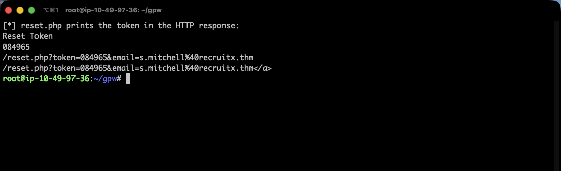 Terminal showing a POST to reset.php for s.mitchell@recruitx.thm returning a Reset Token of 432661 along with a ready-made reset link containing the token and email