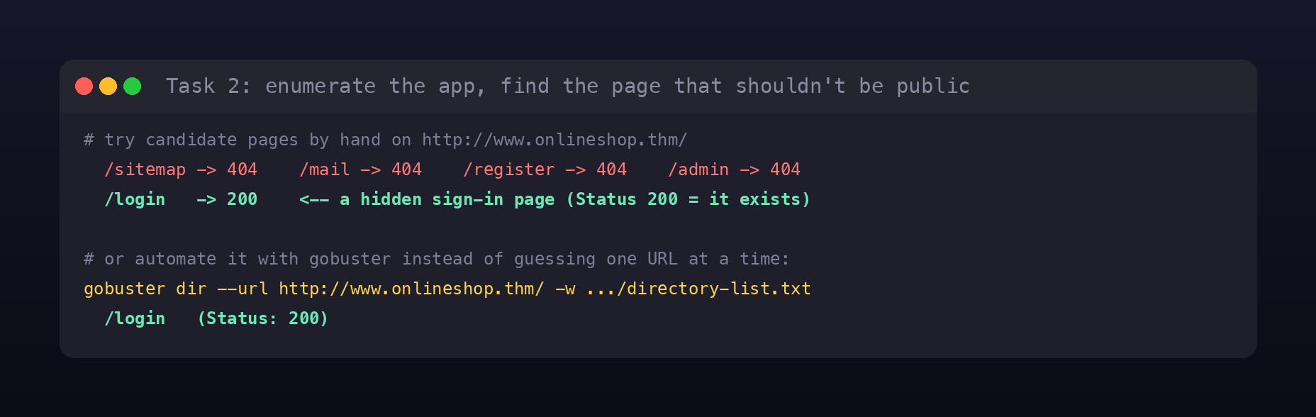 Terminal card showing manual page testing where most paths 404 but /login returns 200, plus a gobuster scan finding /login Status 200