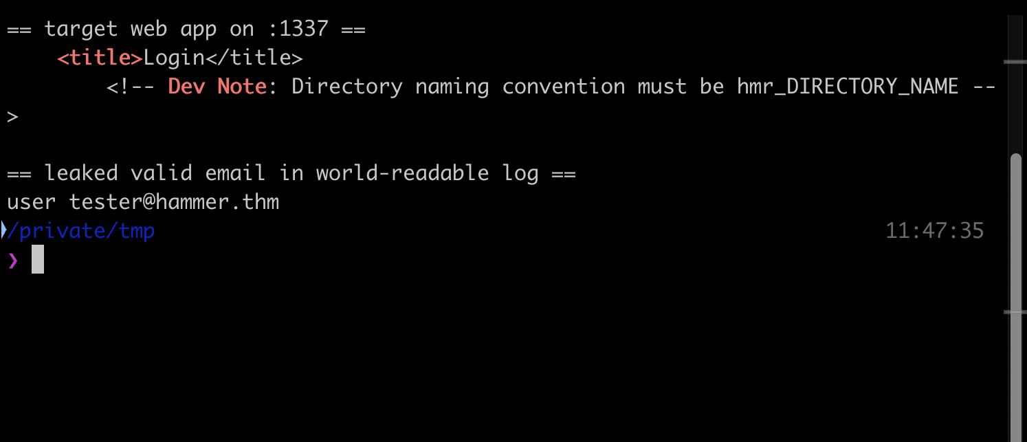 Recon: the port 1337 app, the hmr_ dev note, and the valid email leaked in error.logs