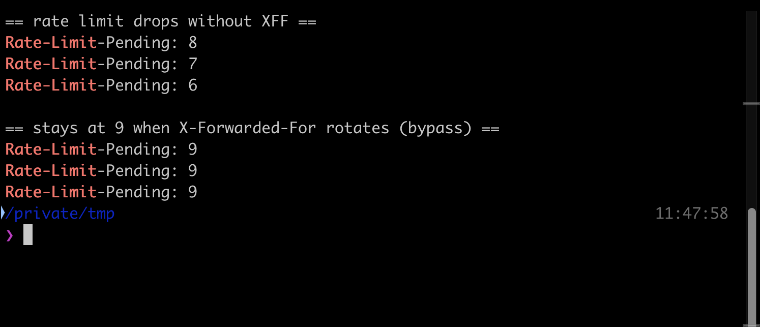 The rate limit decrements normally, but a rotating X-Forwarded-For keeps Rate-Limit-Pending pinned at 9