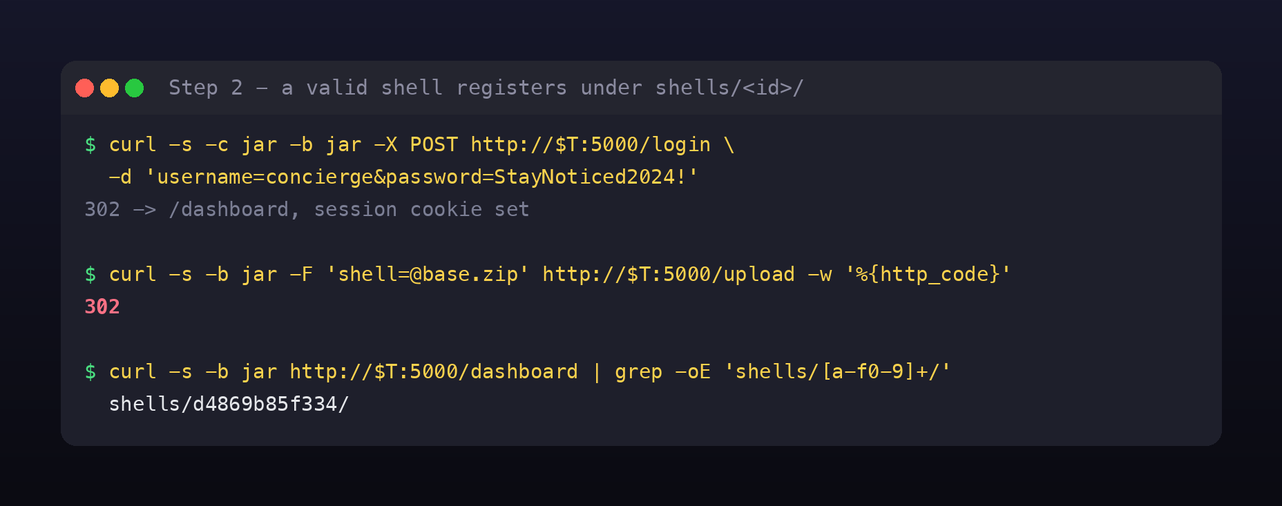 curl logging in and uploading a valid base.zip, the server returning 302 and listing the new shell under shells slash a twelve-character id