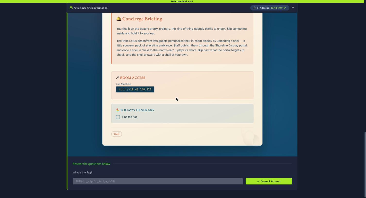The Hollow Shell question answered on TryHackMe with a Correct Answer badge, room at 100%