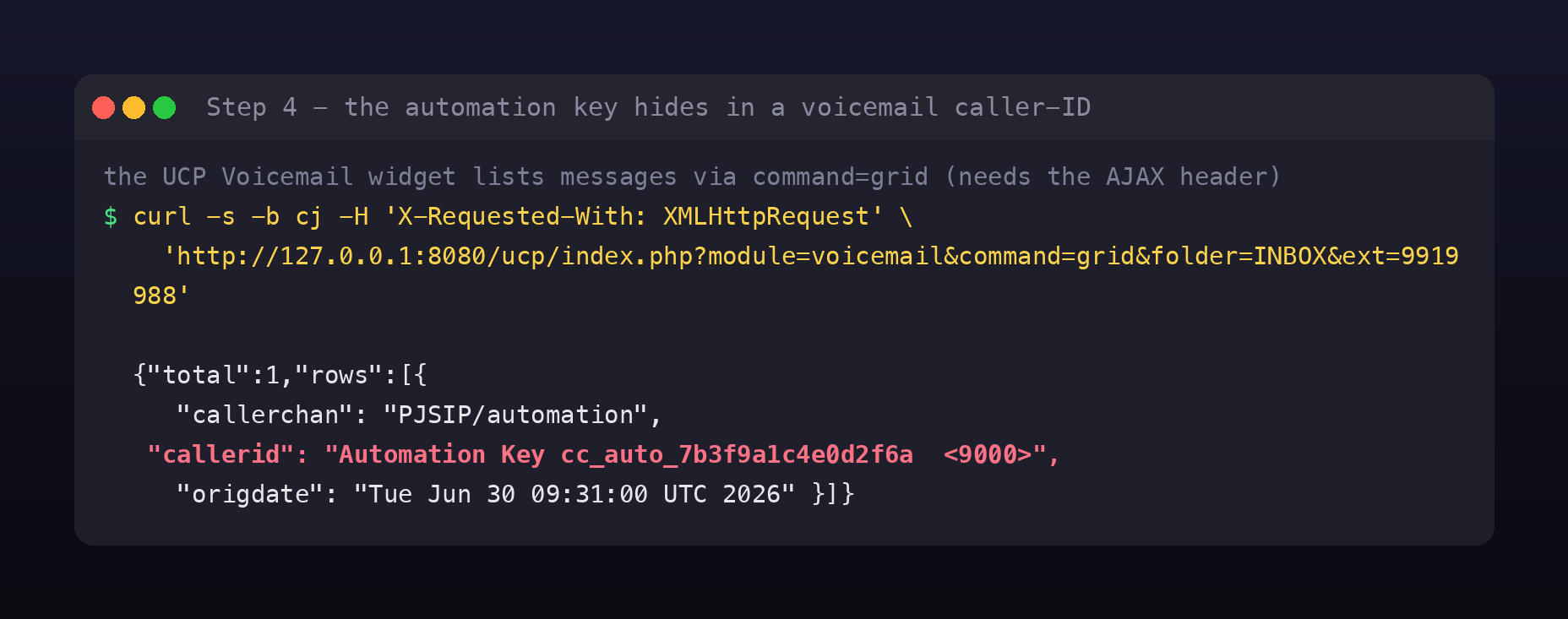 the ucp voicemail grid api returning one message whose callerid field reads Automation Key cc auto 7b3f9a1c4e0d2f6a from channel PJSIP automation