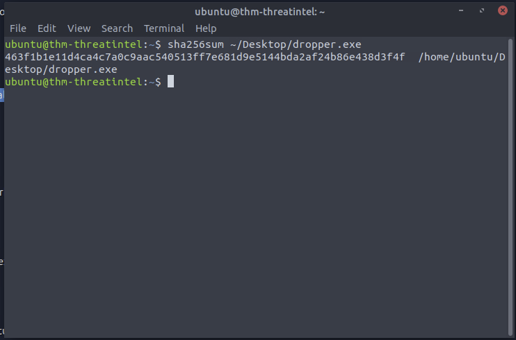 Terminal on the lab machine showing sha256sum of the Desktop dropper.exe resolving to 463f1b1e11d4ca4c7a0c9aac540513ff7e681d9e5144bda2af24b86e438d3f4f