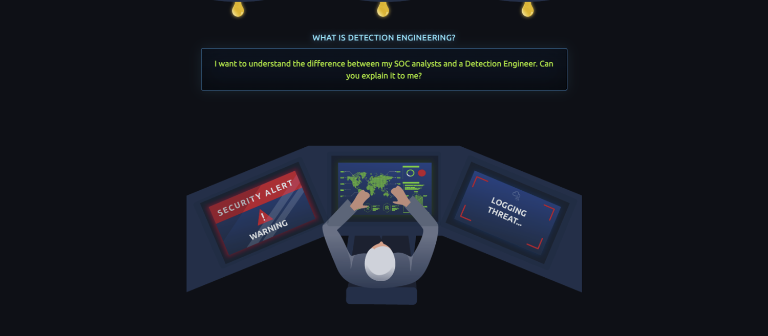 The Detection Engineering Assessment, Senna asks a question and the three monitors are the answer options