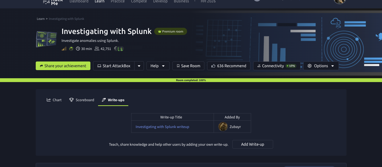 TryHackMe Investigating with Splunk at 100%, all nine questions answered