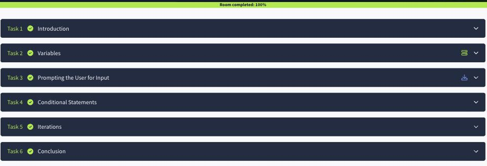 The JavaScript Simple Demo room on TryHackMe at 100 percent, showing six tasks Introduction, Variables, Prompting the User for Input, Conditional Statements, Iterations, and Conclusion all complete