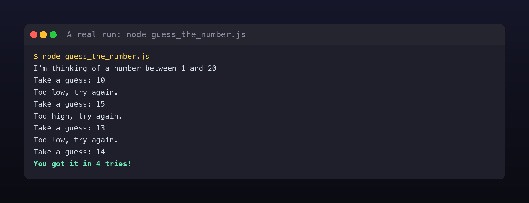 Terminal card showing a real run of the finished game: guesses of 10 too low, 15 too high, 13 too low, then 14, ending with You got it in 4 tries