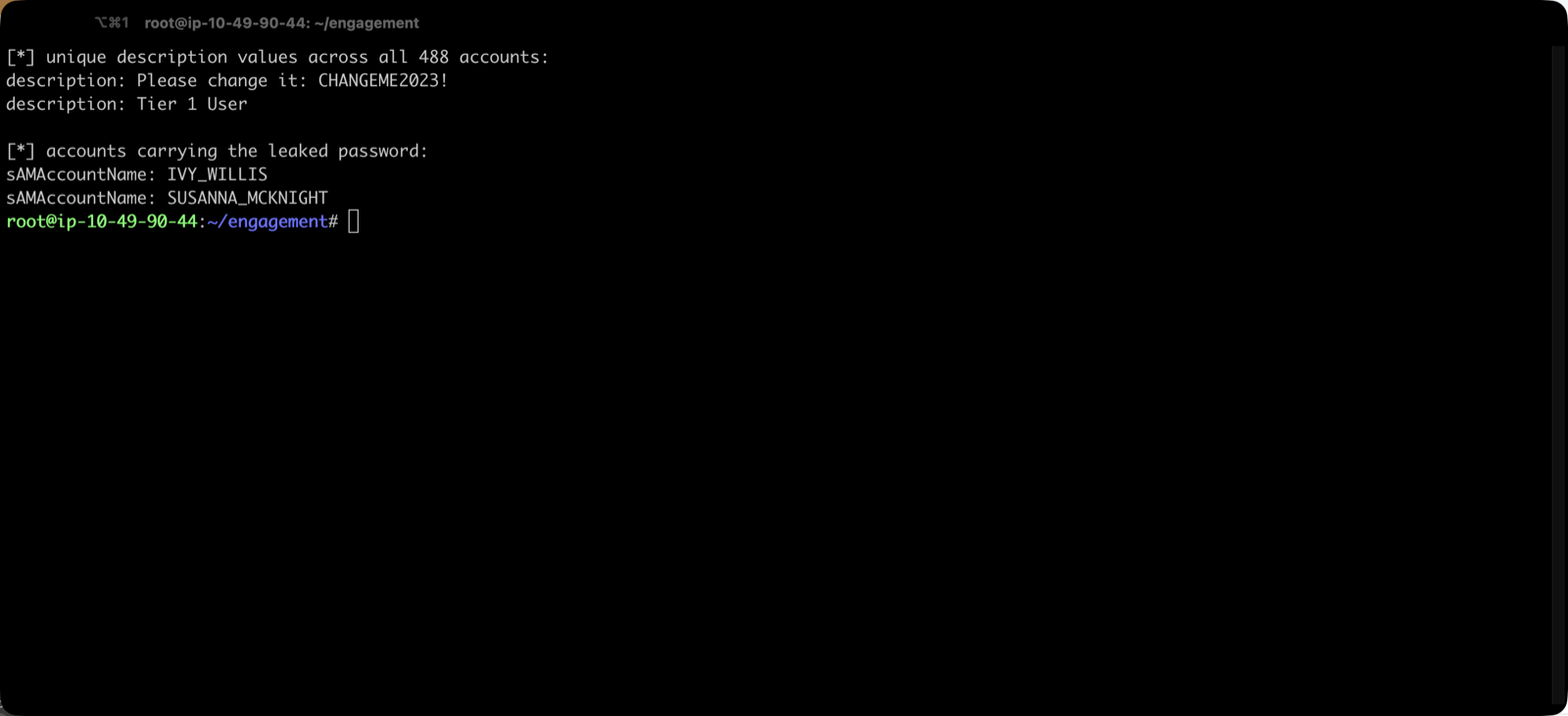 Two unique description values across 488 accounts, one containing the plaintext password CHANGEME2023!