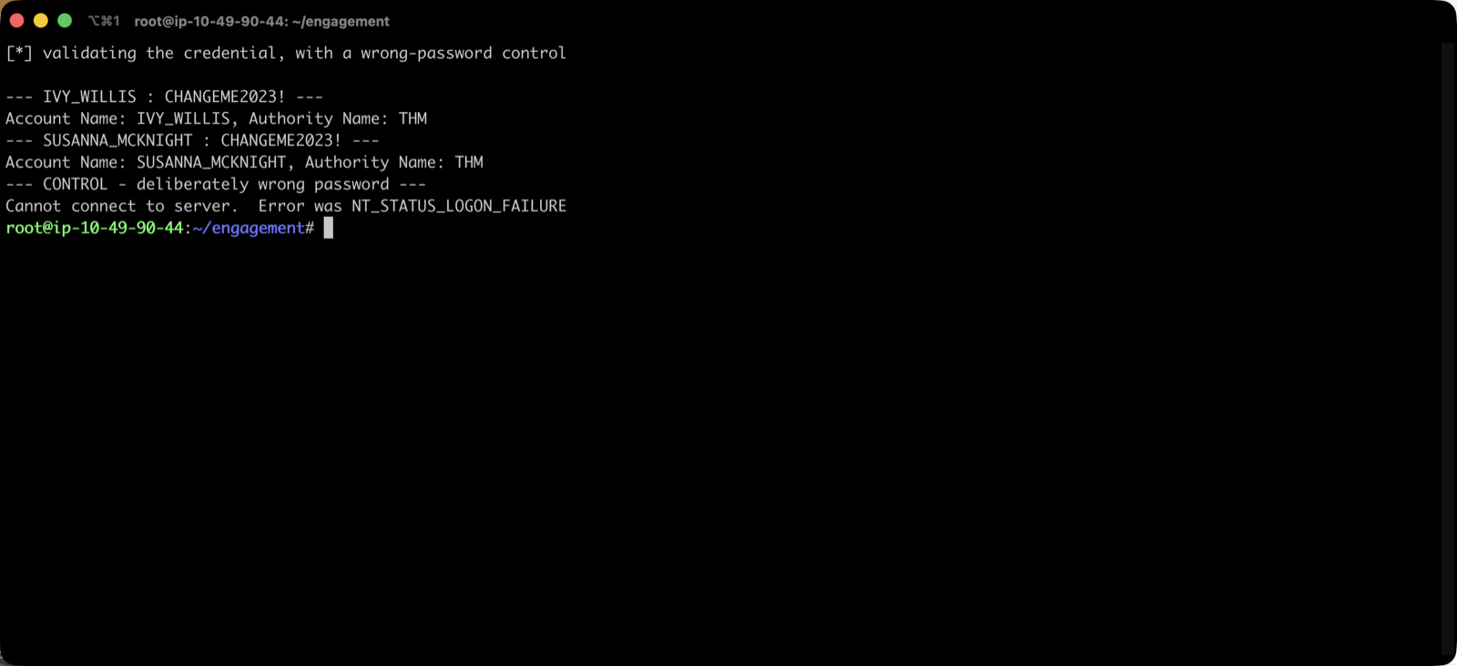 rpcclient confirming both accounts authenticate, with a wrong-password control returning LOGON_FAILURE