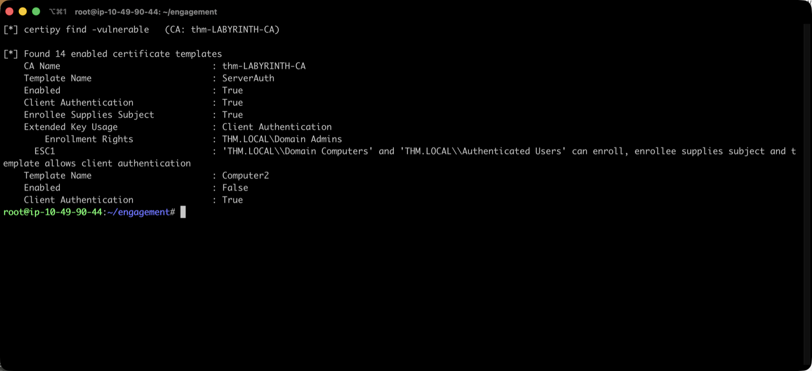 Certipy reporting the ServerAuth template as ESC1 vulnerable