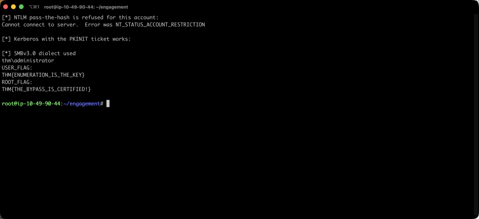 NTLM pass-the-hash refused with ACCOUNT_RESTRICTION while the Kerberos PKINIT ticket succeeds and reads both flags