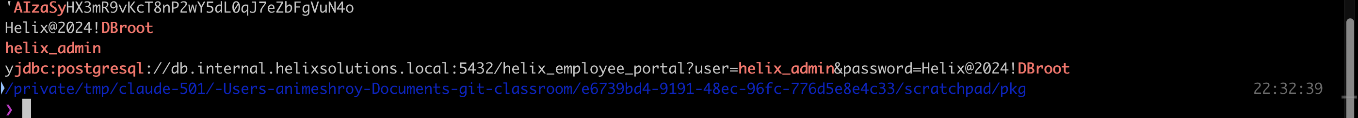 strings over classes3.dex revealing the hardcoded Google API key, the database password Helix@2024!DBroot, and the full JDBC connection string