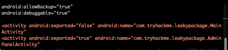 Decoded AndroidManifest showing allowBackup and debuggable set to true, MainActivity exported false, and AdminPanelActivity exported true