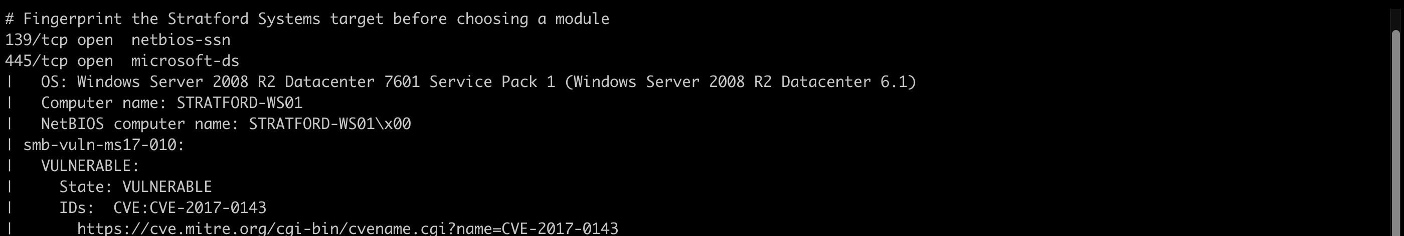 nmap confirms the target is STRATFORD-WS01, Windows Server 2008 R2, vulnerable to MS17-010 EternalBlue