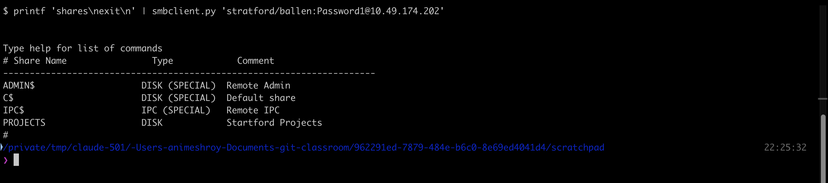 smbclient lists the SMB shares on the target, with PROJECTS as the non-default user-created share