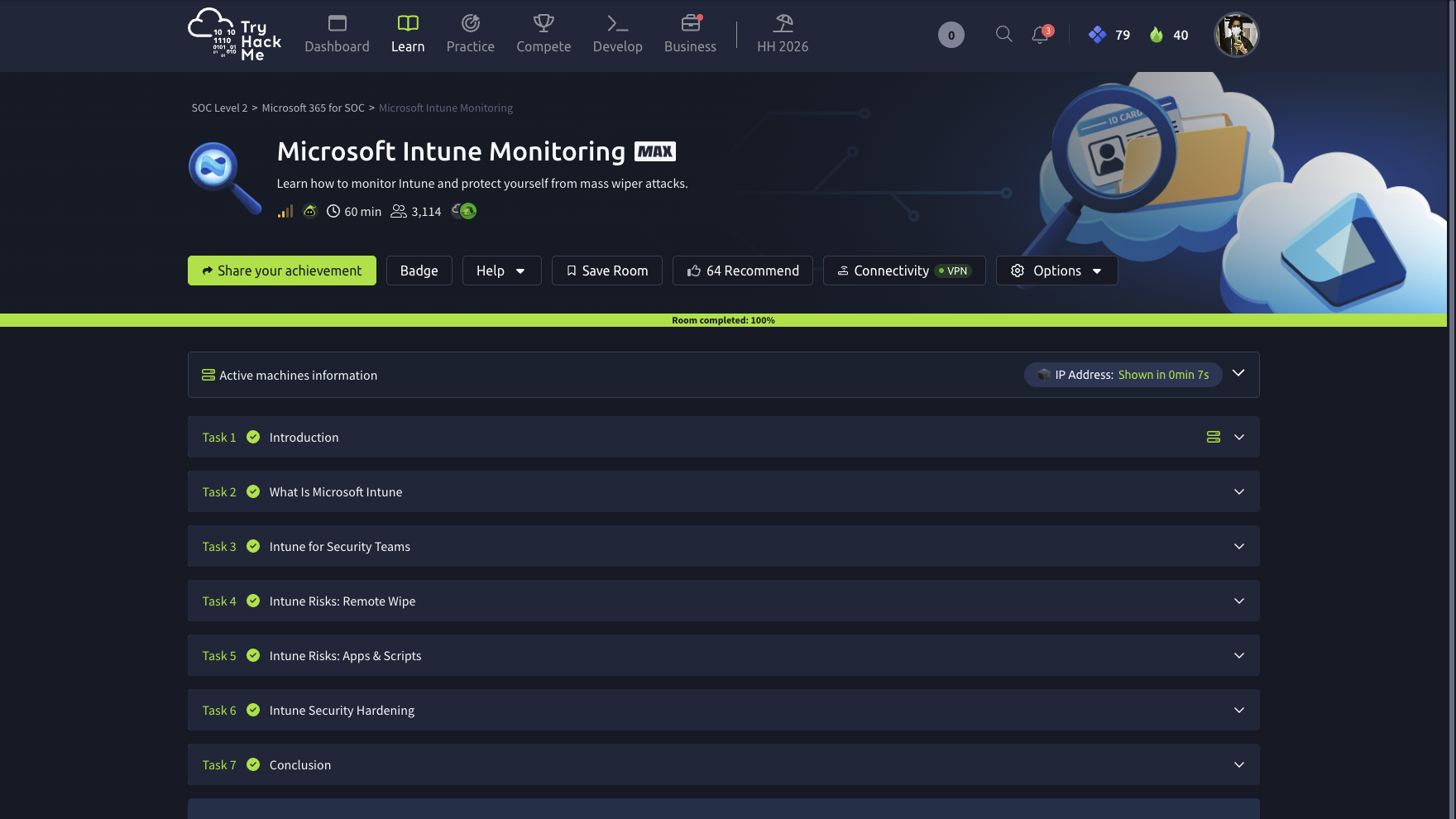 TryHackMe Microsoft Intune Monitoring at 100%, all seven tasks complete with the module badge available