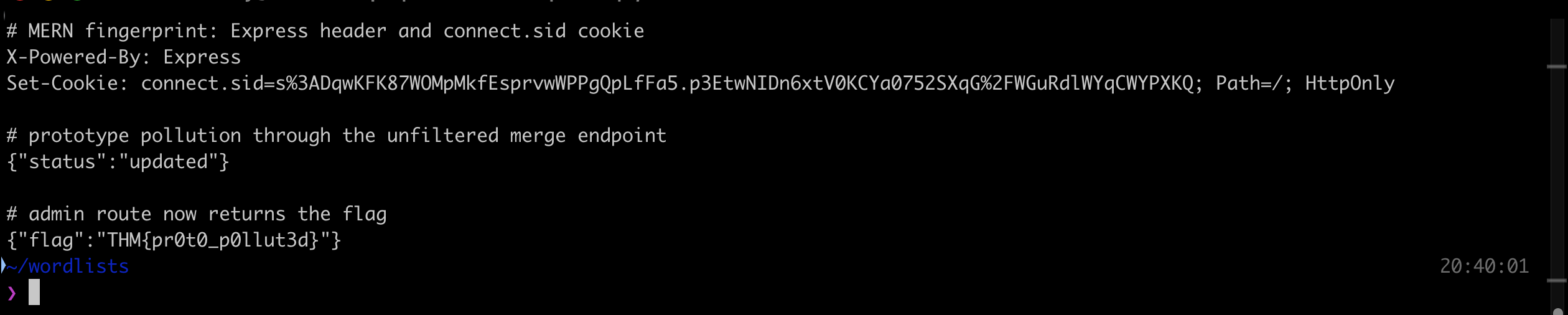 Terminal output showing the Express X-Powered-By header and connect.sid cookie, the prototype pollution POST returning status updated, and the admin route returning the flag