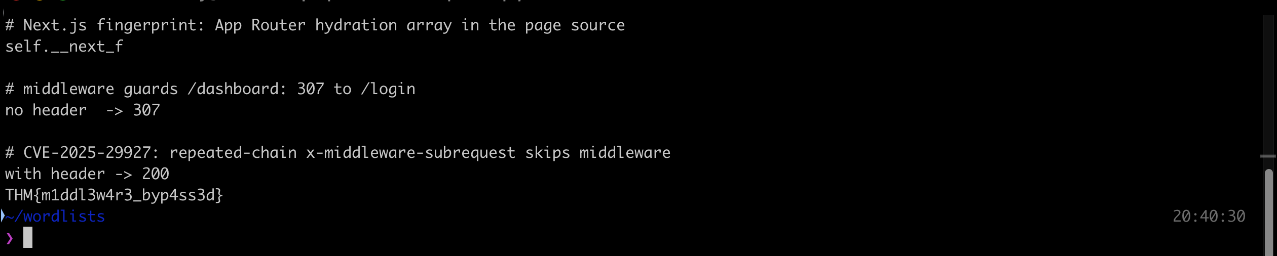 Terminal output showing the Next.js hydration array, a 307 redirect without the header, and a 200 plus the flag once the repeated-chain x-middleware-subrequest header is sent