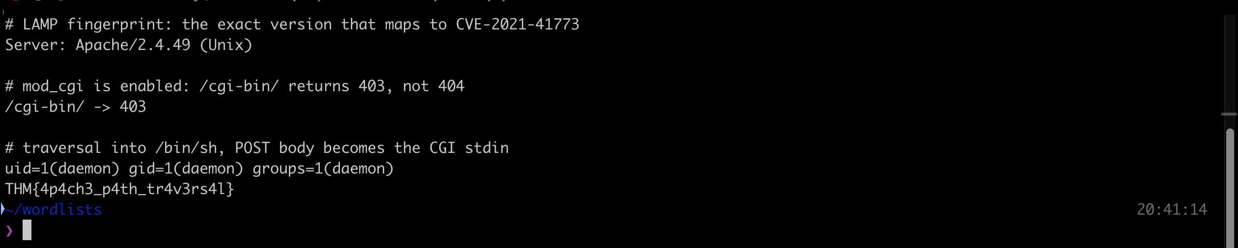 Terminal output showing the Apache 2.4.49 Unix server header, a 403 on /cgi-bin/ confirming mod_cgi, and the traversal into /bin/sh returning uid daemon and the flag