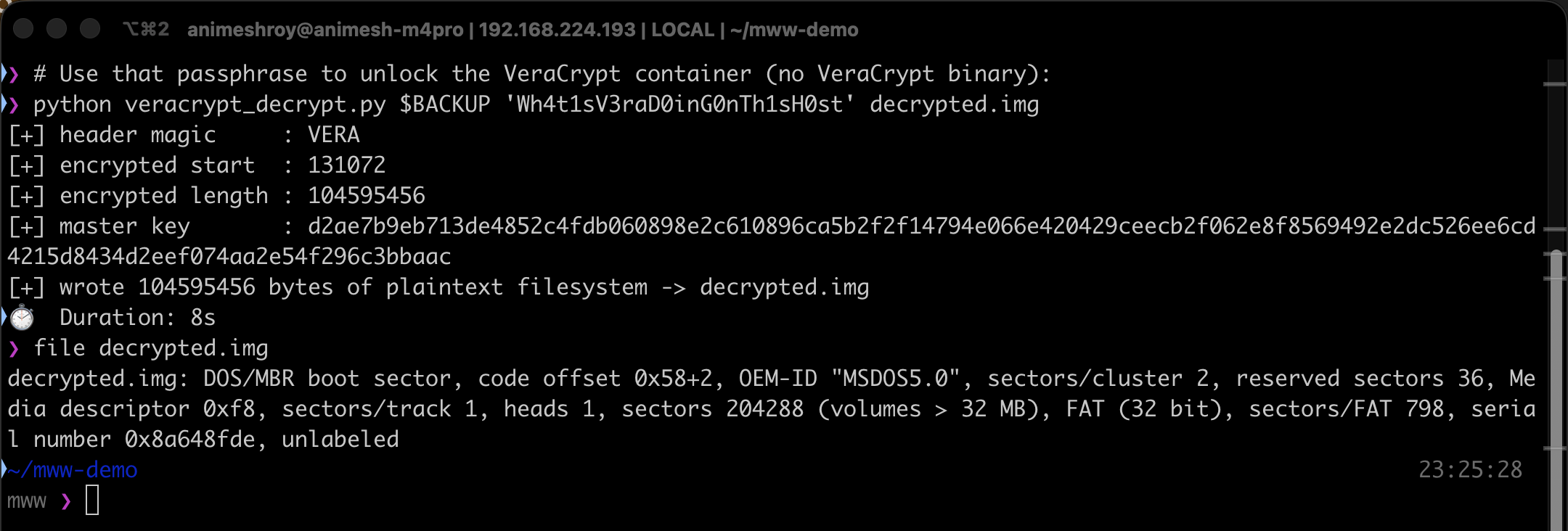 Terminal: the VeraCrypt decryptor prints header magic VERA, the encrypted area geometry, the master key, and file confirms the output is a FAT32 filesystem