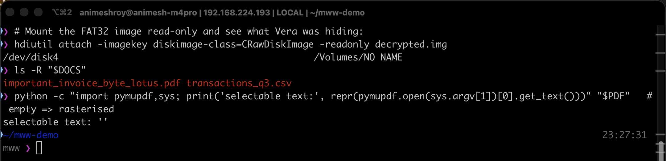 Terminal: hdiutil attaches the raw image, ls shows an invoice PDF and a CSV, and PyMuPDF reports the PDF has no selectable text