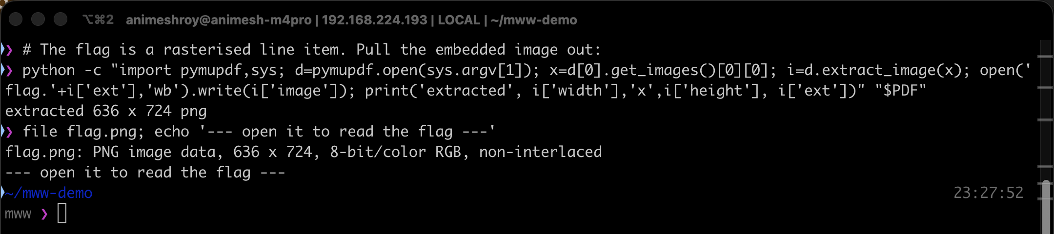 Terminal: a PyMuPDF one-liner extracts the single embedded image from the PDF, a 636x724 PNG