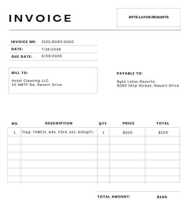 The recovered invoice image: a Byte Lotus Resorts invoice whose first line item reads Flag: THM{1t_w4s_V3r4_A11_Al0ng?!}