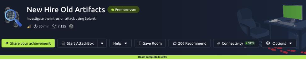 The New Hire Old Artifacts room on TryHackMe marked Room completed 100 percent