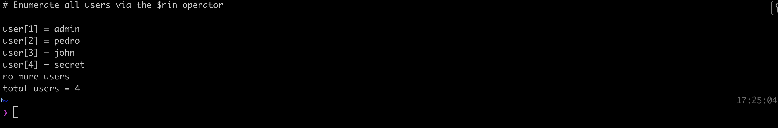 Enumerating every account by excluding known users with the nin operator
