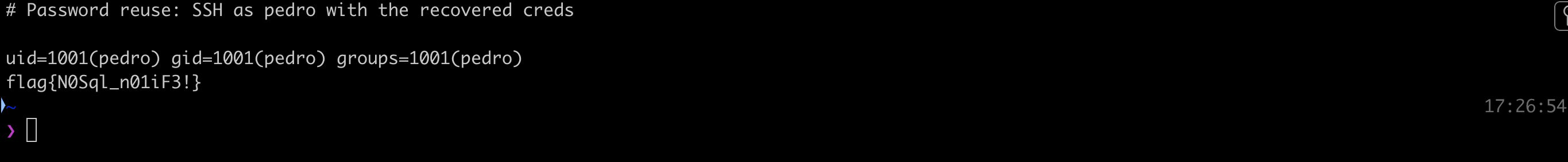 Password reuse: SSH as pedro with the recovered credentials returns the final flag