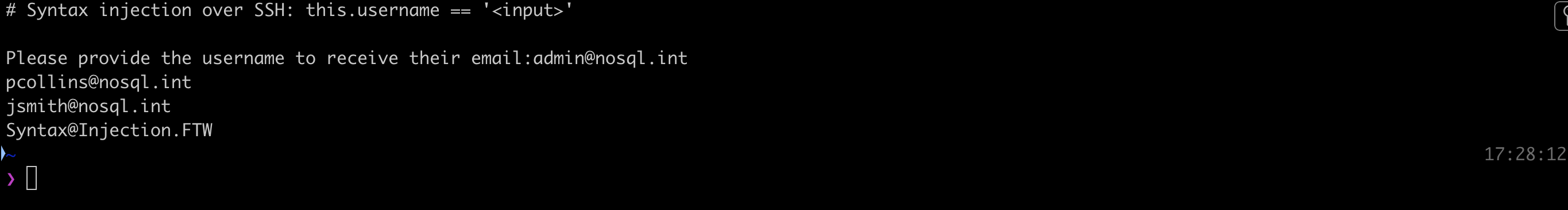 Syntax injection in the where clause returns every user email, ending with the super secret account