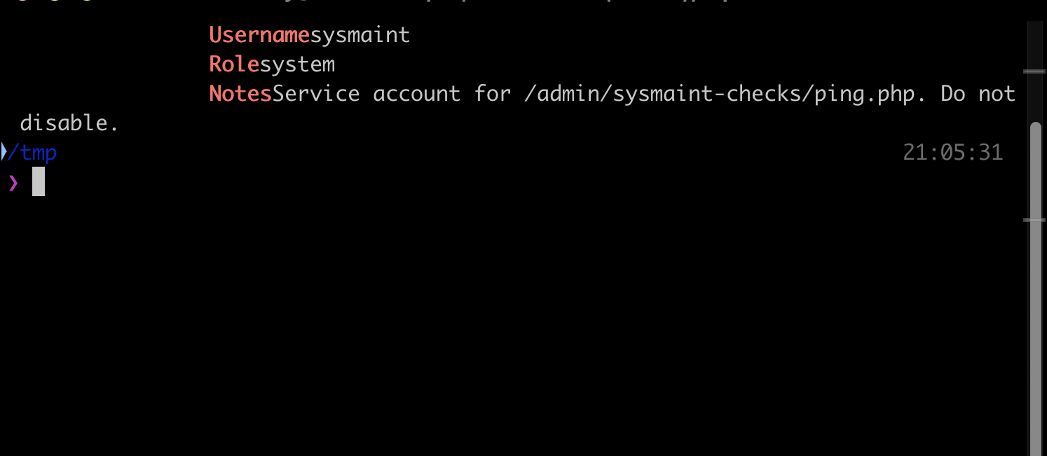 IDOR user lookup revealing the sysmaint account and the ping.php tool